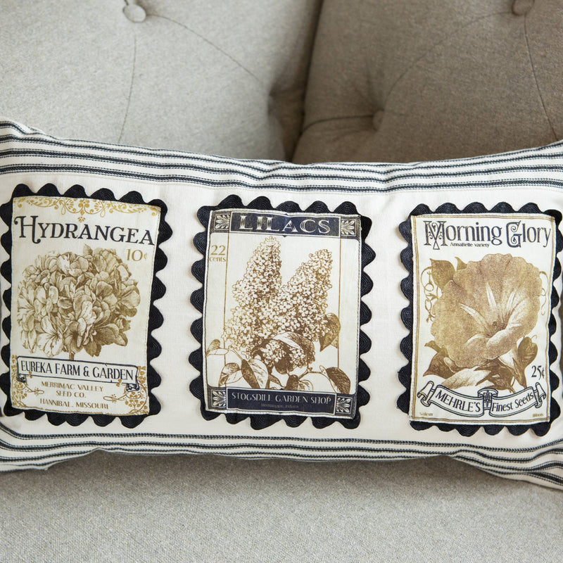 Vintage Seed Packet Floral Pillow 12" x 20" Cover – Black & Cream
