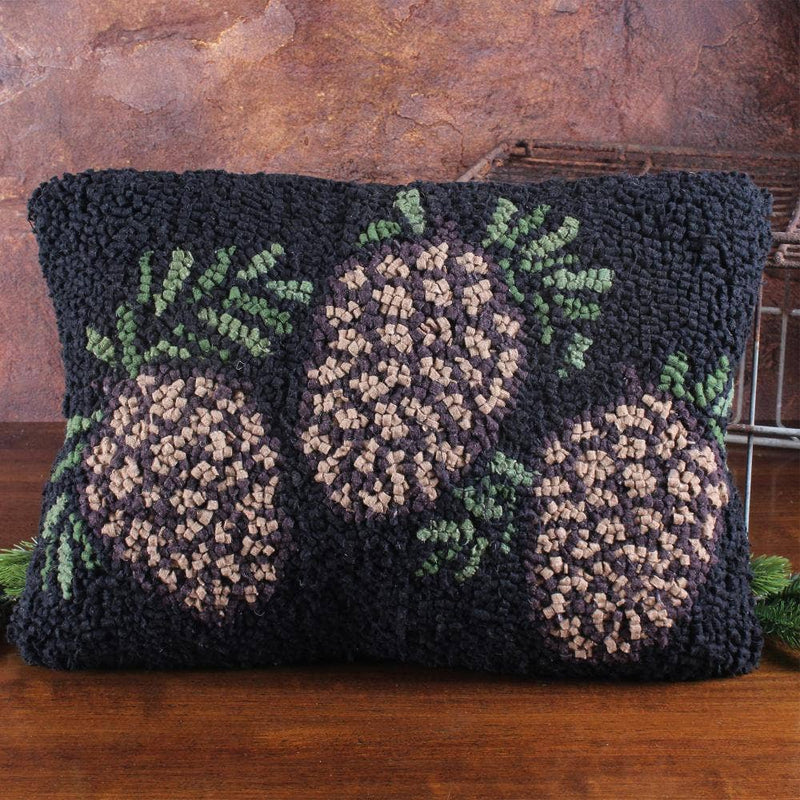 Three Pinecones Hooked Wool Pillow