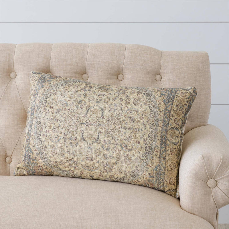 Antique Rug Pattern Lumbar Pillow – Dusty Blue and Ivory