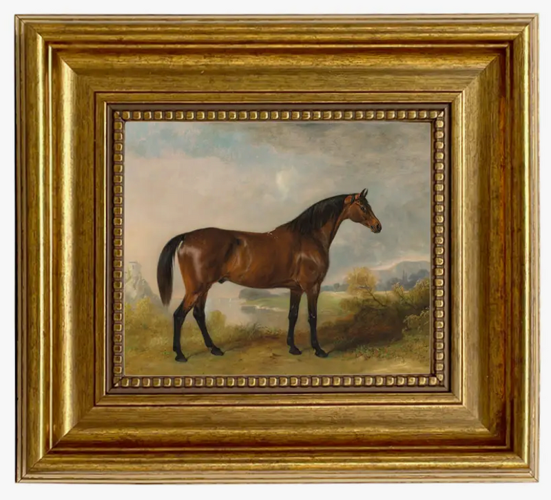 A framed oil painting reproduction of a horse, with the frame having a gold finish and the artwork depicting a horse in a natural setting.