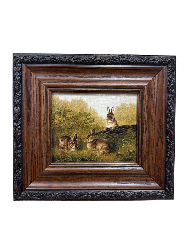 Bunnies playing in a country field - Brown and Black Frame