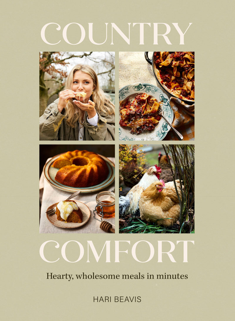 Book cover of 'Country Comfort' with images of food and a person eating showing some of the meals and comfort food one might enjoy in New England. 