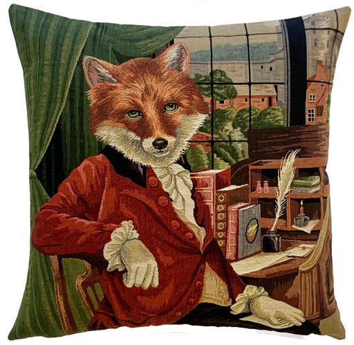 Decorative pillow with a fox in a suit sitting at a desk in a room with books and a window.