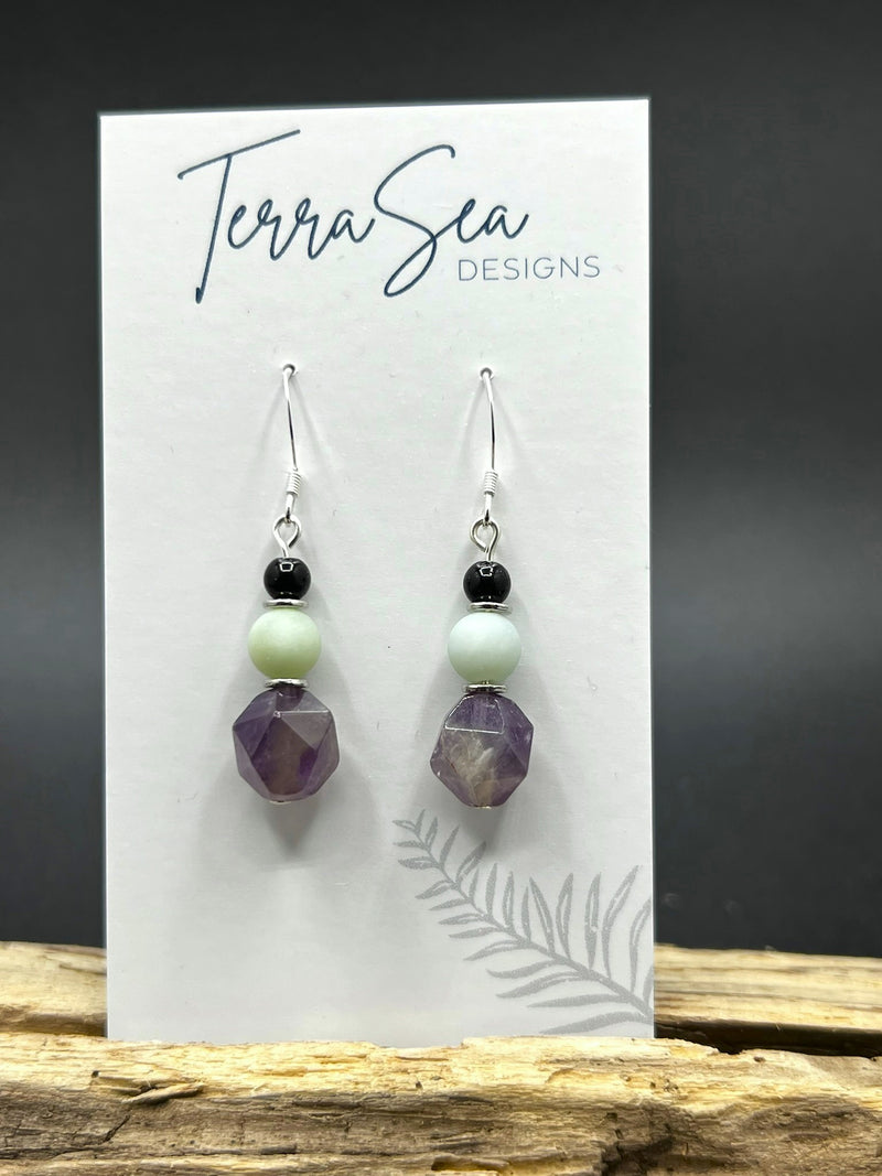 Amethyst, Blue Amazonite & Black Jasper Earrings