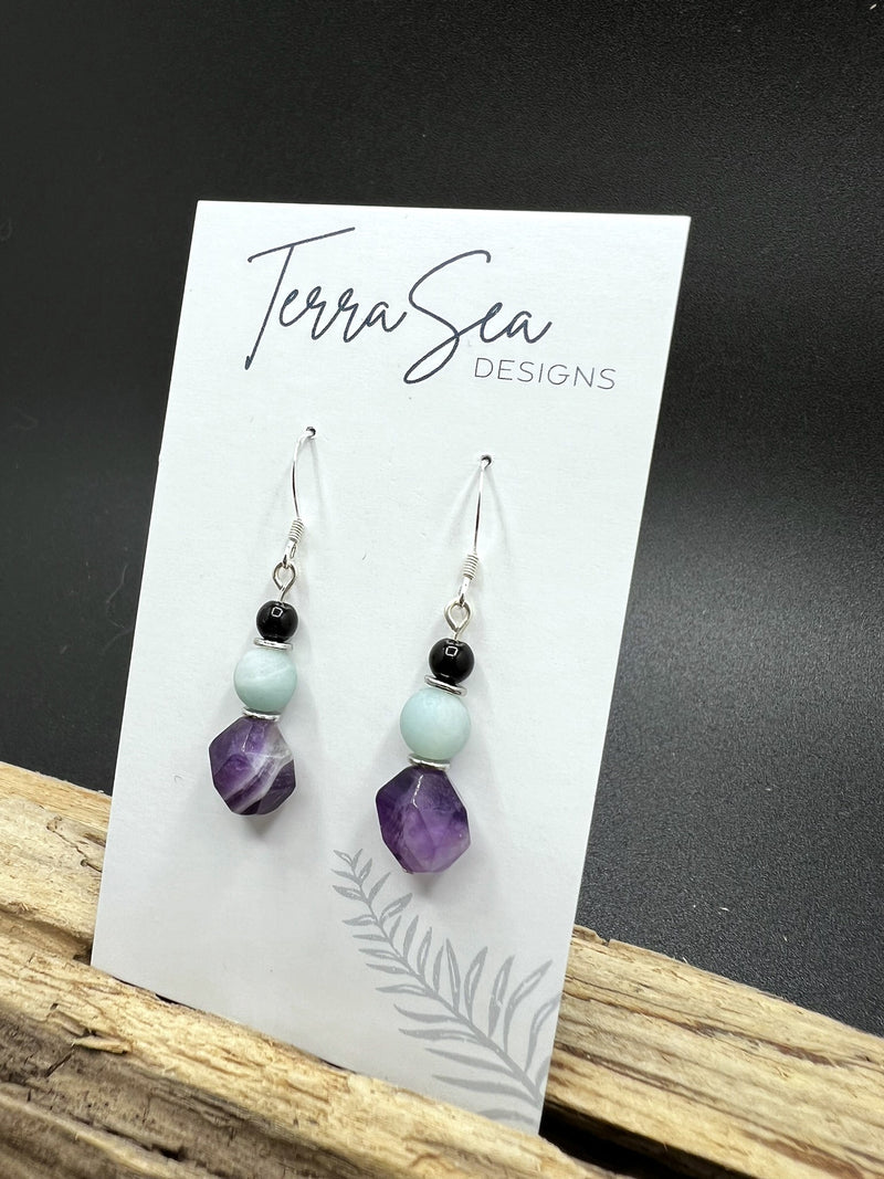 Amethyst, Blue Amazonite & Black Jasper Earrings