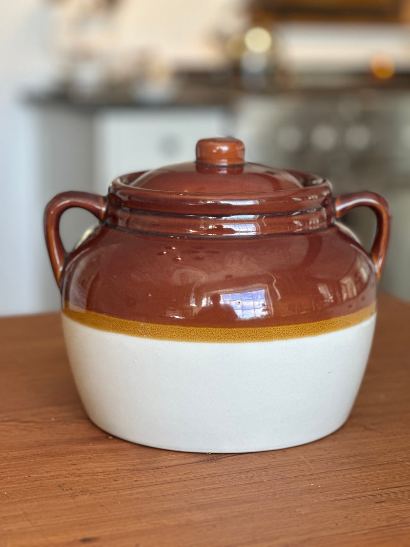 Vintage Two-Tone Stoneware Bean Pot with Lid