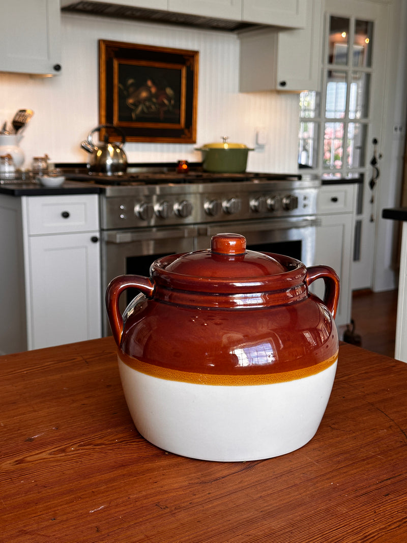 Vintage Two-Tone Stoneware Bean Pot with Lid