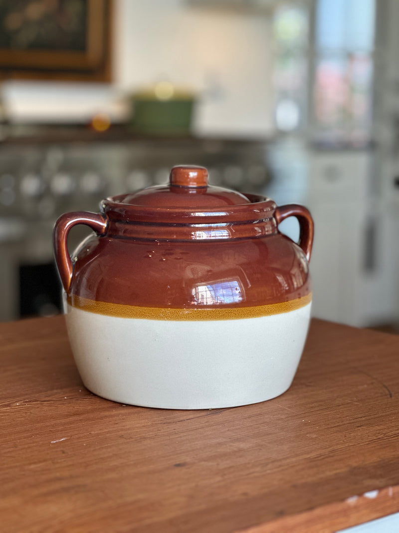Vintage Two-Tone Stoneware Bean Pot with Lid