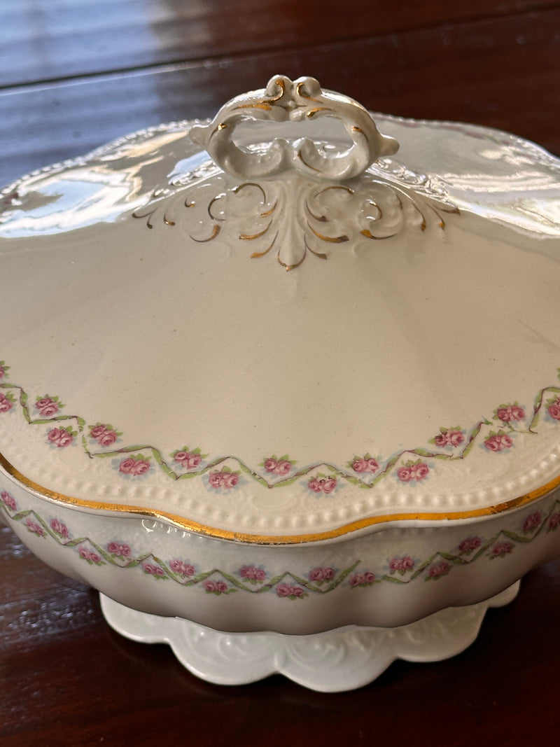 Vintage Kenton / Sebring Pottery Covered Vegetable Dish, Pink Floral Garland, 1920s–1930s