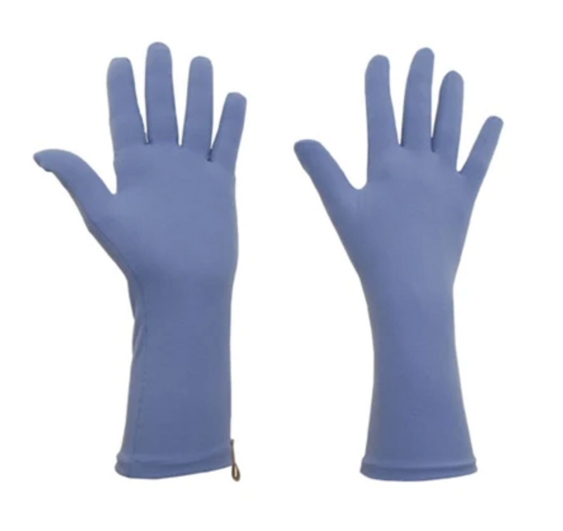 A pair of blue gardening gloves designed for sensitivity and cleanliness