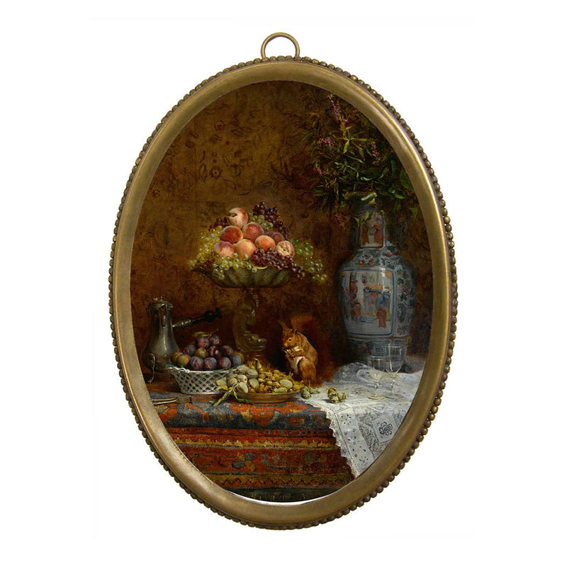 Still life painting with fruits and a vase in an oval frame