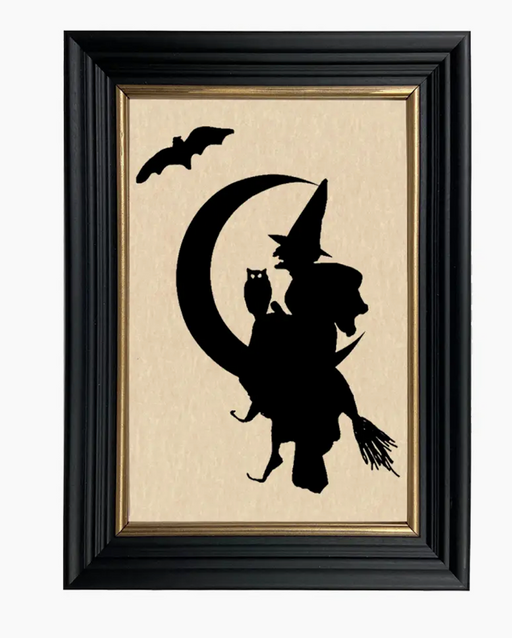 Framed Halloween-themed silhouette art with a witch, cat, and bat on a beige background.