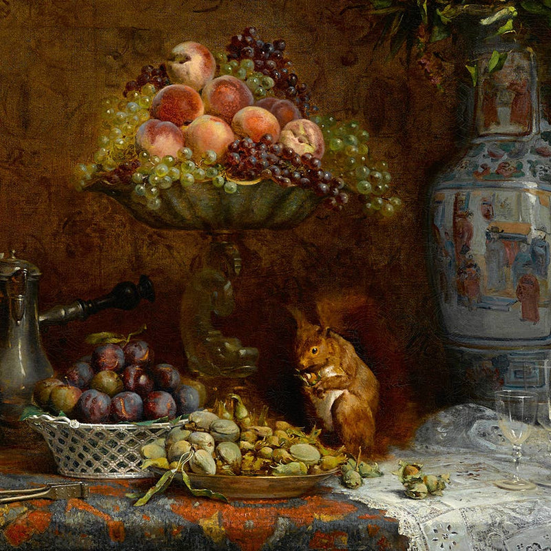 Fruit and Squirrel Still Life within Antiqued Brass Frame