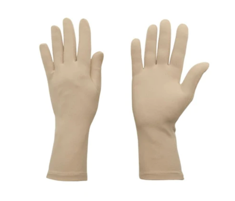 A pair of beige gardening gloves with no visible grips on the palm.