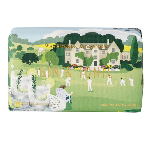 A packaged luxury soap bar with an illustration of a manor house and a scene with people playing cricket, titled 'Gin & Tonic'.