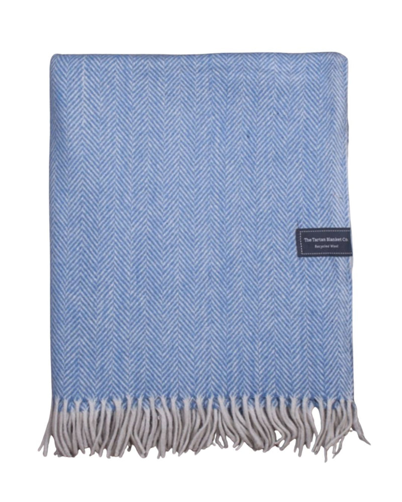 Dusty Blue & Cream Herringbone Recycled Wool Blanket – 28" x 75"