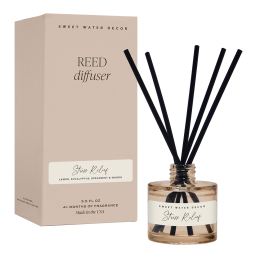 Reed diffuser with black sticks and a beige box labeled 'Sweet Water Decor' on a white background.