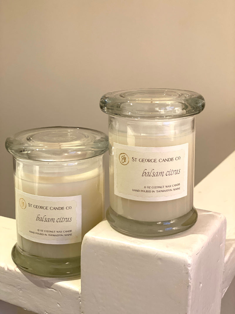 white candle in glass jar balsam citrus made in new england