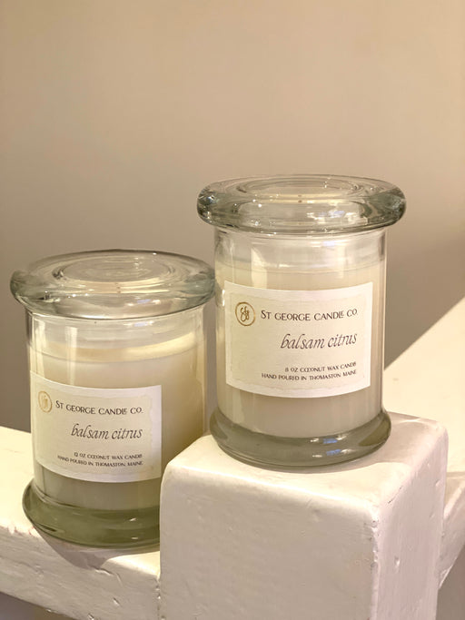 white candle in glass jar balsam citrus made in new england